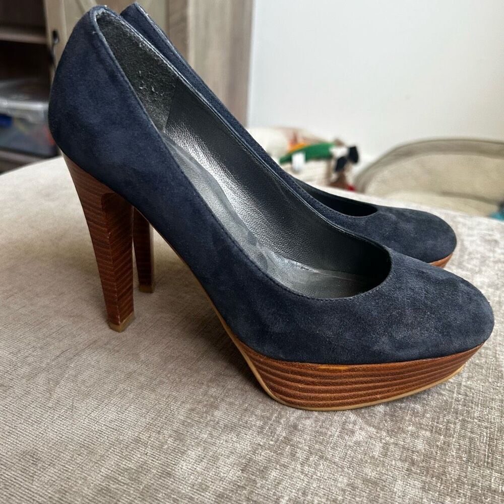 Stuart Weitzman Stilts Platform Pump Blue Suede Stacked Heel Womens Size 5.5 M